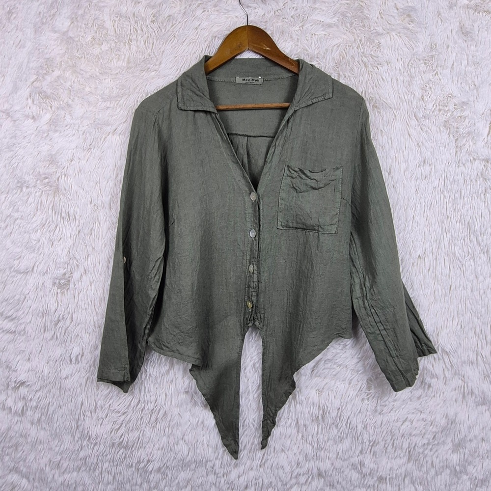 Meo Meli Italy Olive Green 100% Linen Tie Front Button Down Shirt Cropped Lino